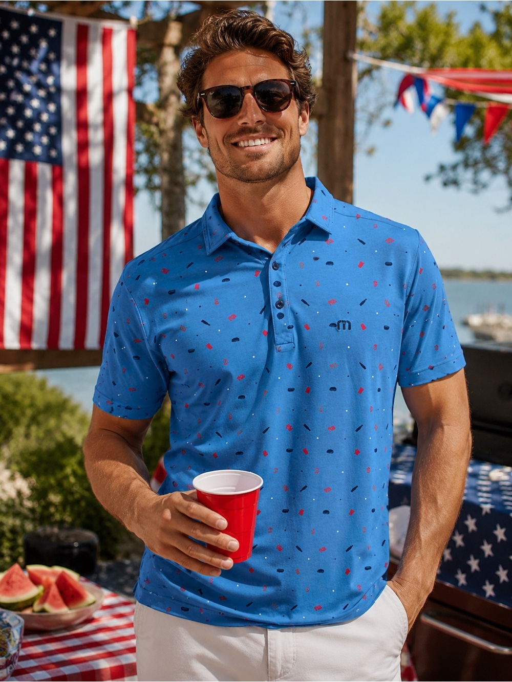 Travis Mathew 4Th Of July Print Pima Cotton Blue Red Golf Polo Shirt Size M